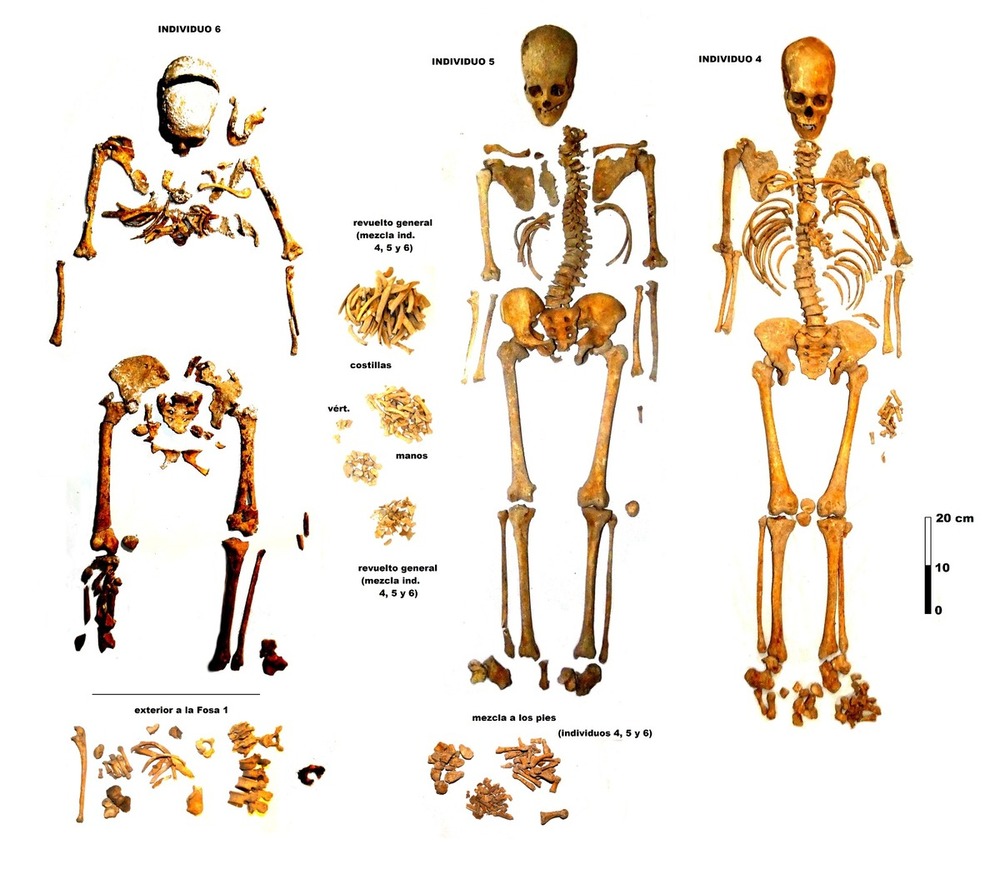 Reconstrucción de los tres individuos encontrados en la sepultura excavada.