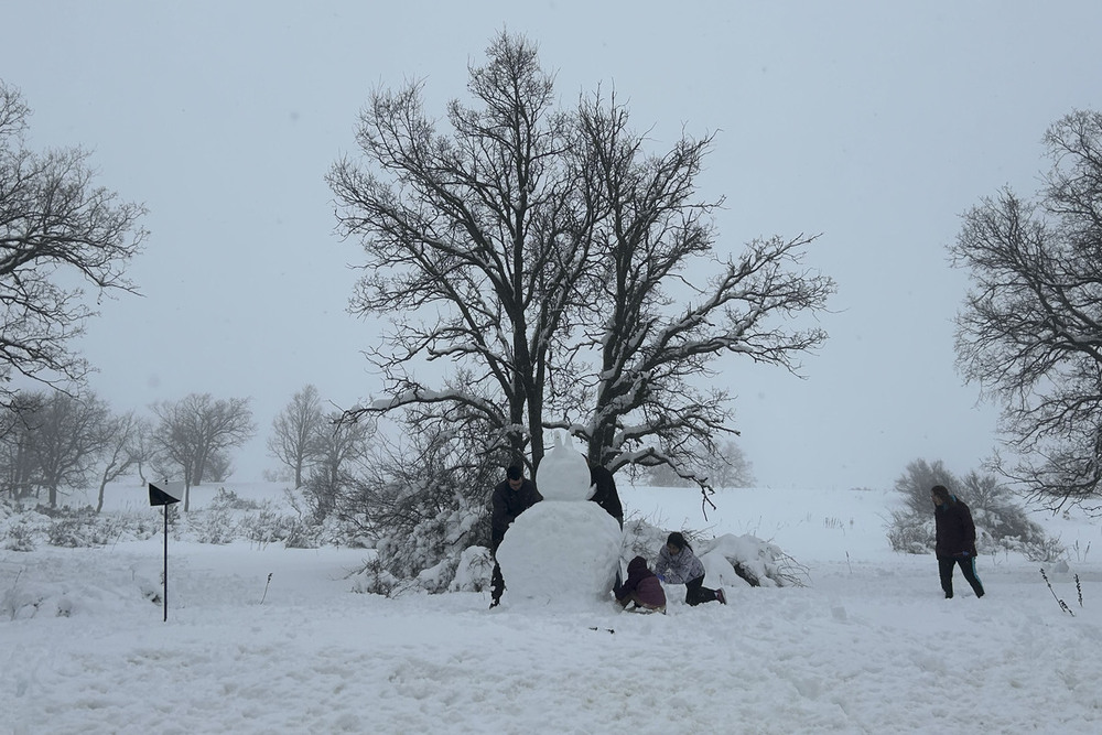 Marzo blanco en Las Majadas, con trineos y muñecos de nieve